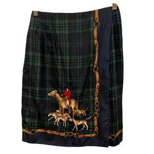 Brooks Brothers Blk Watch Plaid horse beagle hunt scene skirt 4 COLLECTORS ITEM